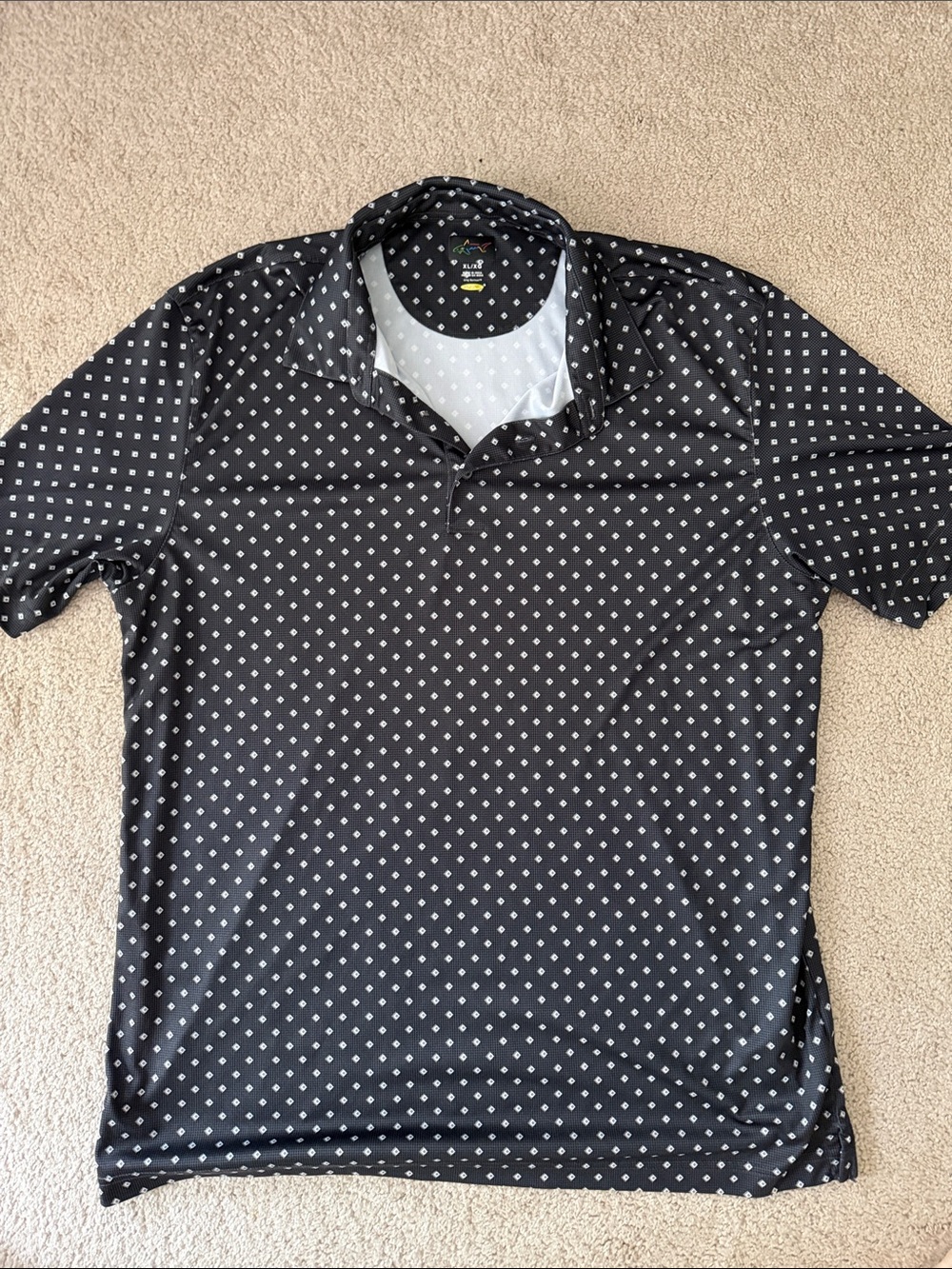 Greg Norman Collection Black Polo with White Micro-Diamond Print